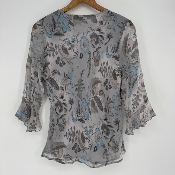 Vintage Fairycore Whimsygoth Silk Floral Beaded Top Gray Sheer Ruffle Sleeve M - Picture 8 of 9